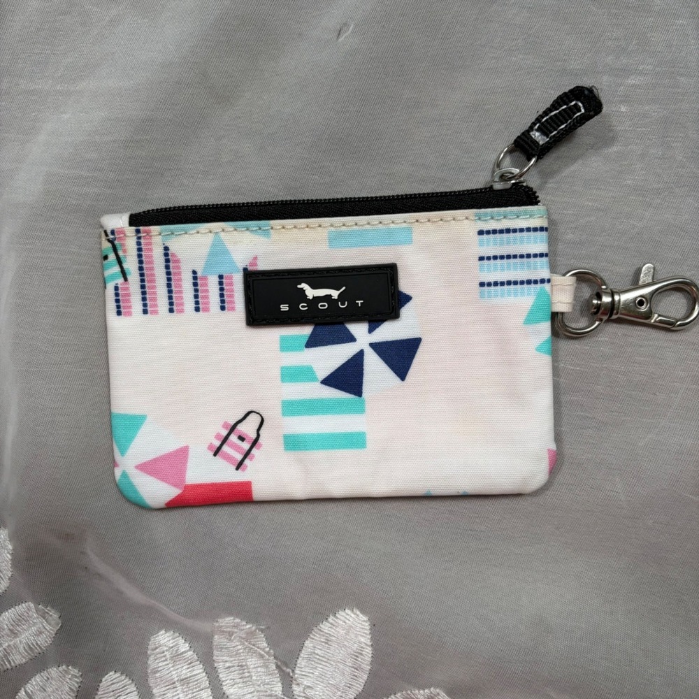 Scout ID Case Keychain Wallet Beach Print Zip Pouch White Pink Blue 1259
